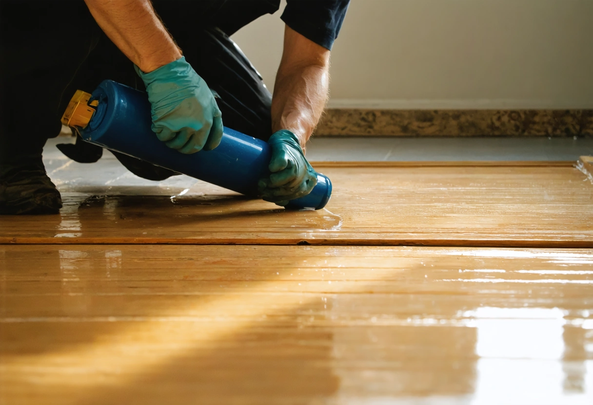 A technician applying a sealant to a wooden floor, emphasizing the smooth finish and protective