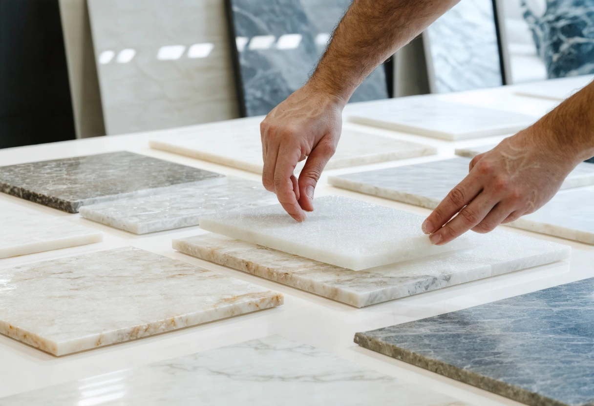 Hand selecting shower tile samples on a table in showroom.