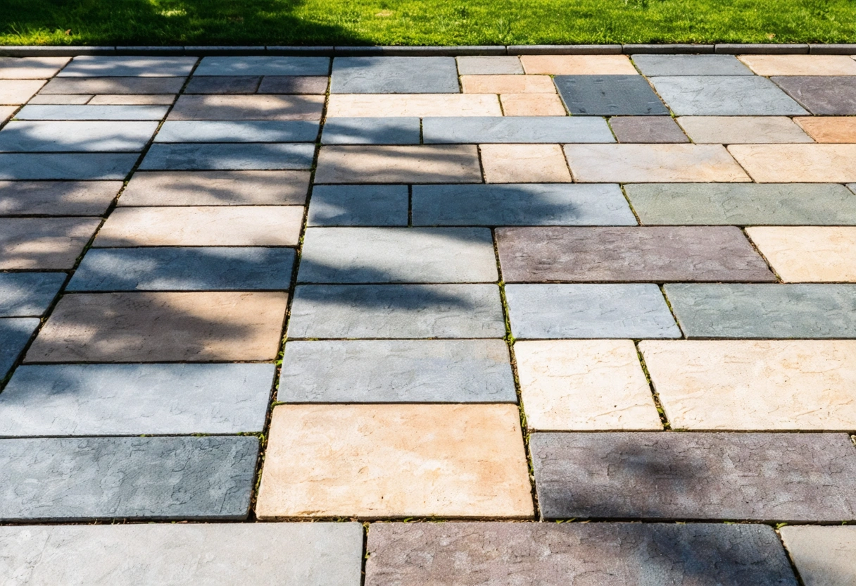 Backyard with colorful paver designs, person designing, sunny and artistic atmosphere