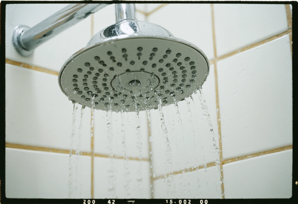 Clean showerhead and tiles with bright lighting, no soap scum visible