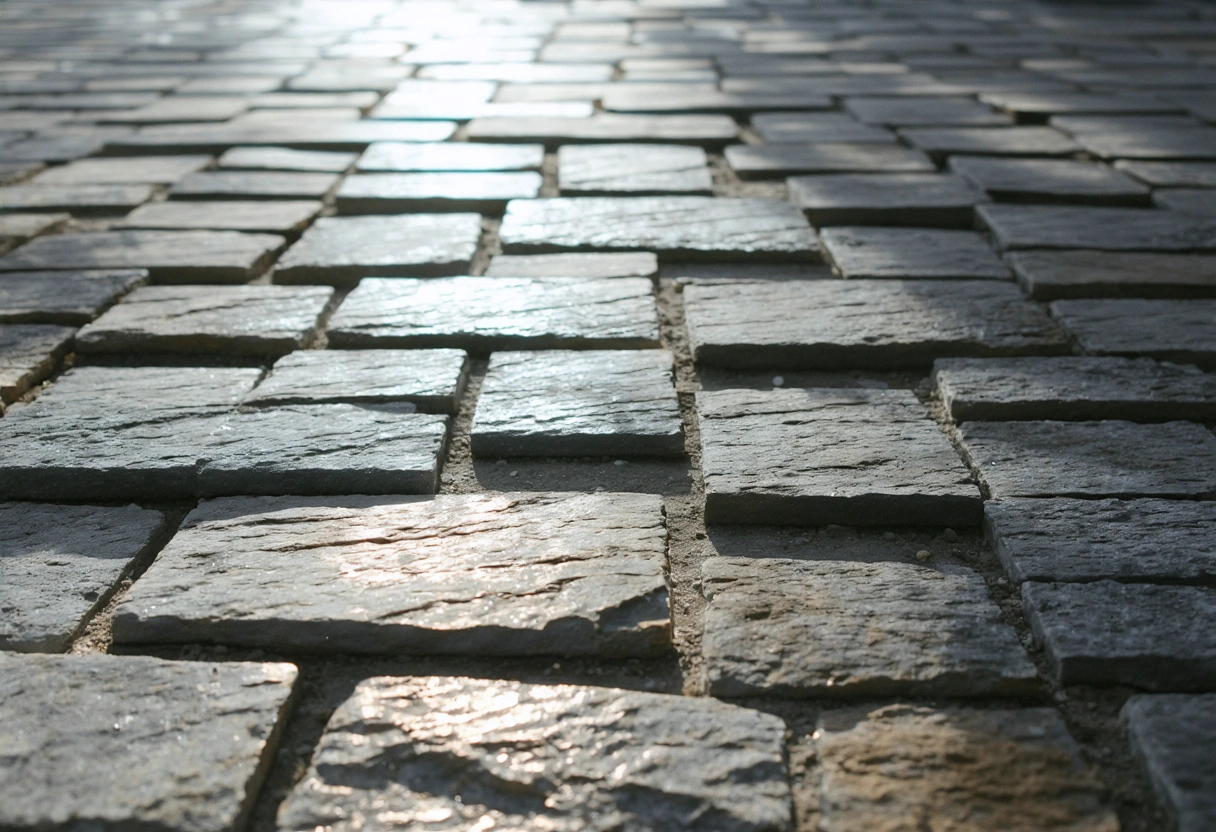 Close-up of textured natural stone pavers in sunny outdoor patio