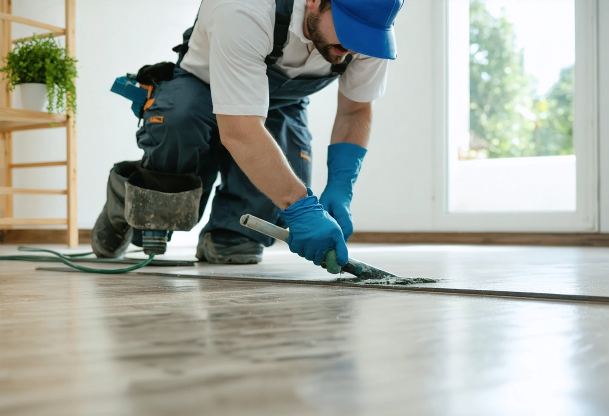 Eco-friendly floor restoration using low-VOC products, technician applying finish in a bright room. Emphasis on