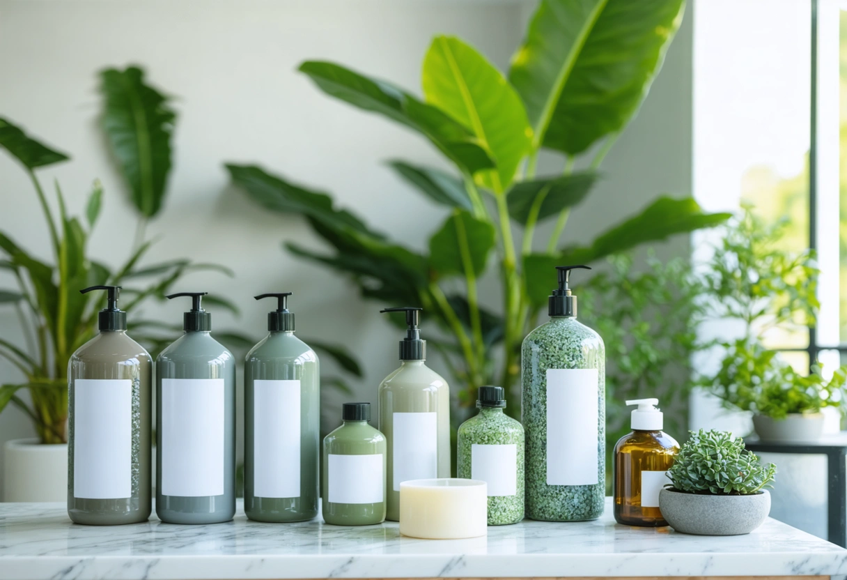 Eco-friendly grout staining products displayed on a table. The setting is a bright room with