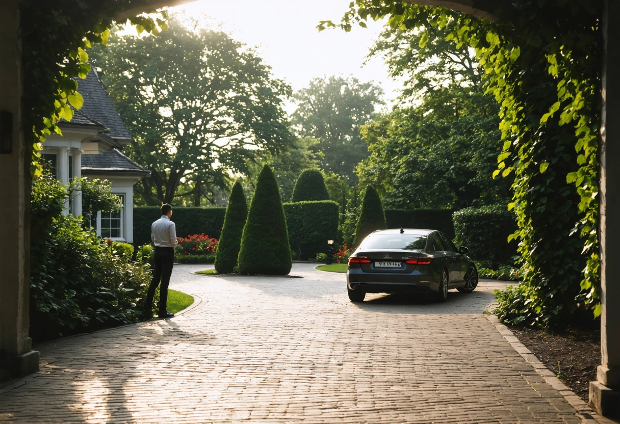 Elegant driveway with brick pavers, car parked, person admiring, calm atmosphere