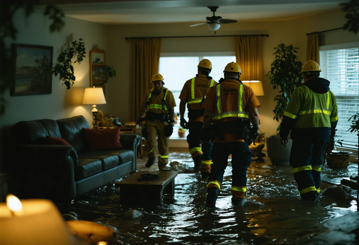 Emergency restoration team responding to a water damage incident in a vacation rental, quick action,