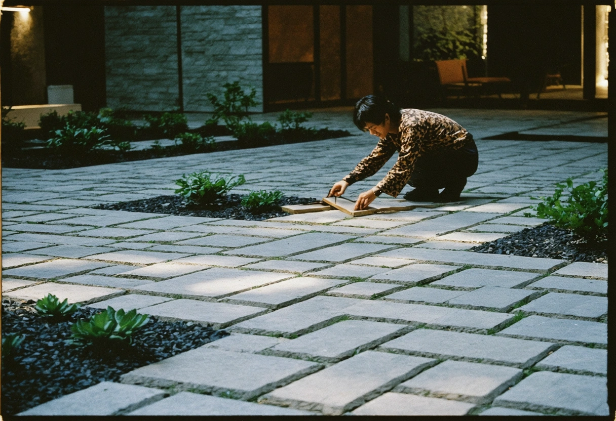 Modern courtyard with mixed-material pavers, evening lighting, person arranging pavers