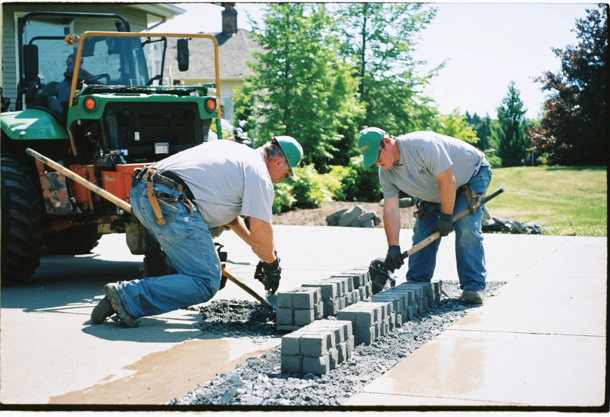Professional installers precisely laying pavers on a sunny day