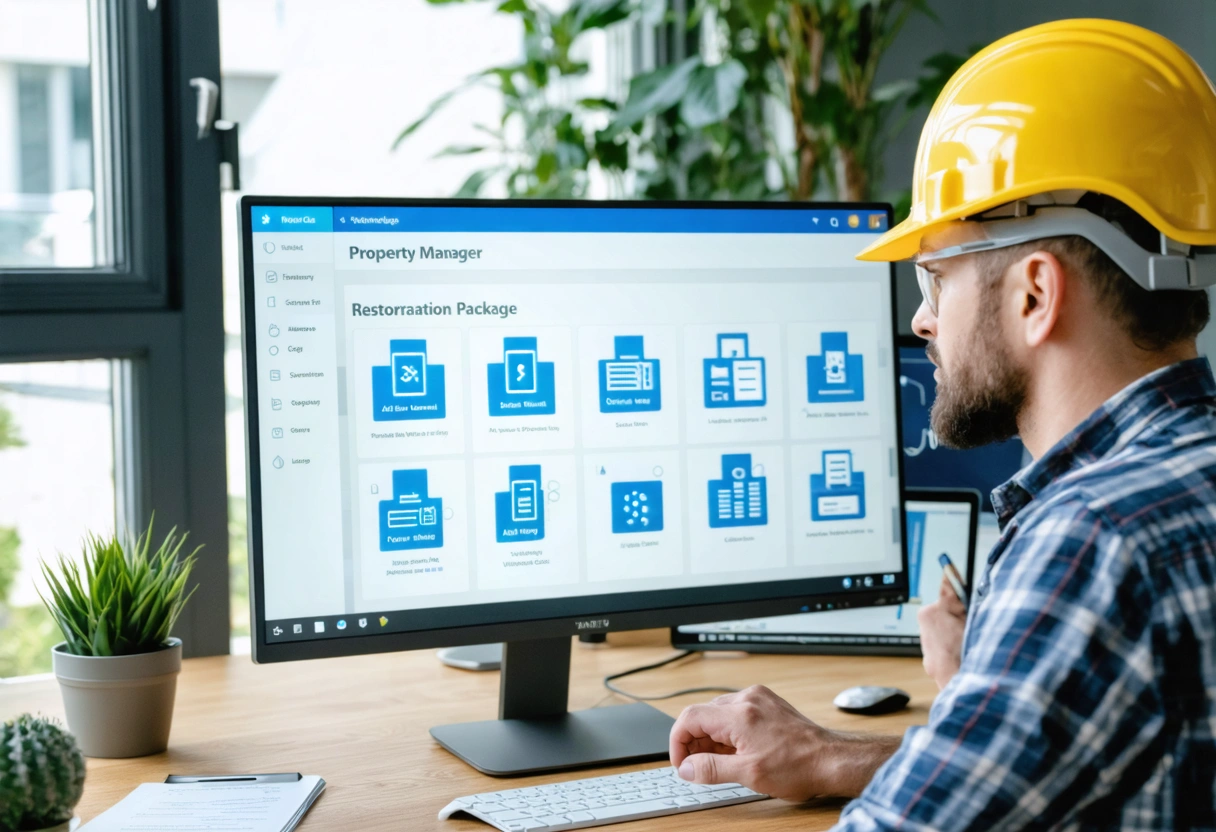 Property manager discussing restoration package with a contractor in a modern office, computer screen showing