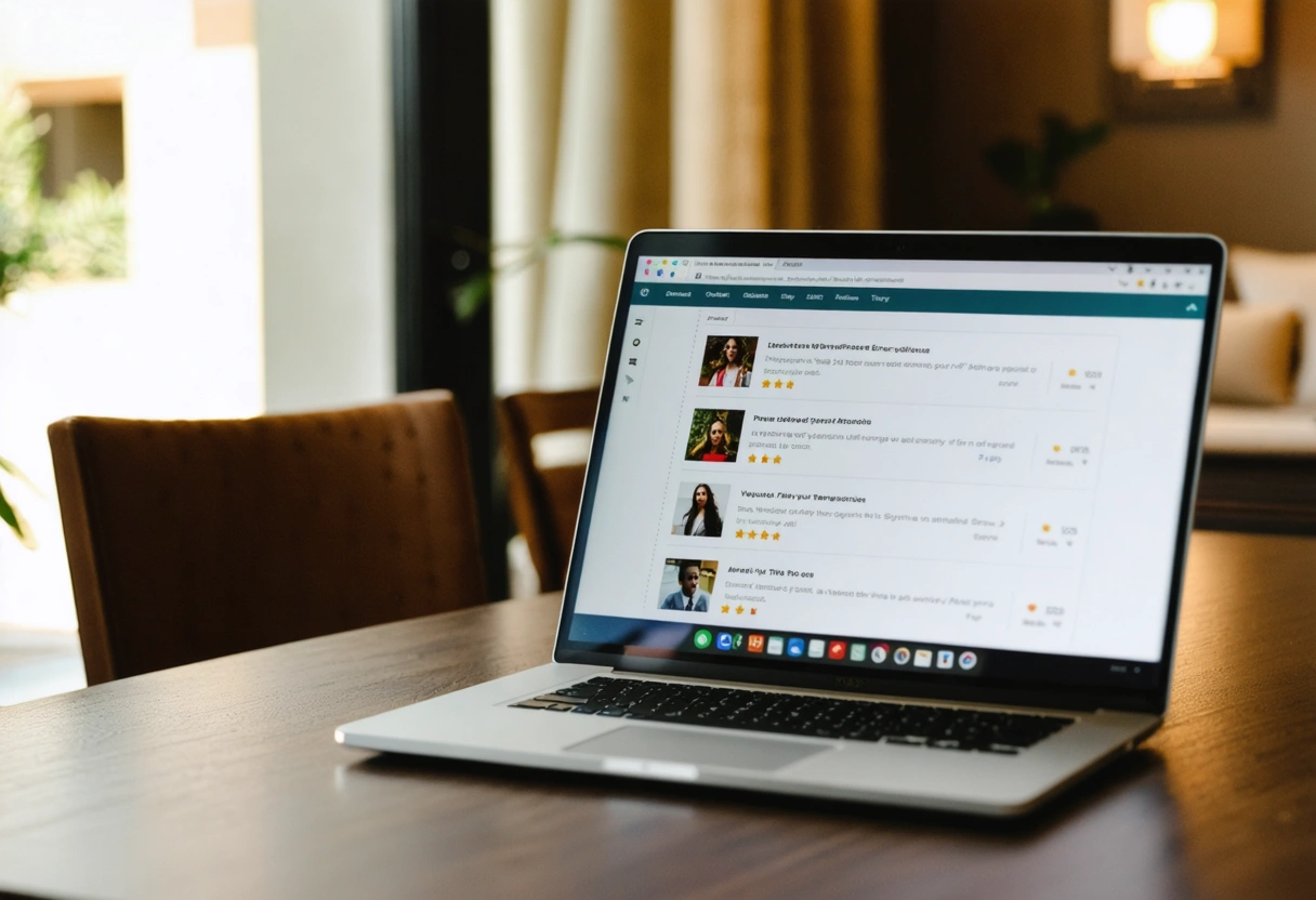 Property manager reviewing online testimonials on a laptop, focused on screen with positive reviews visible,