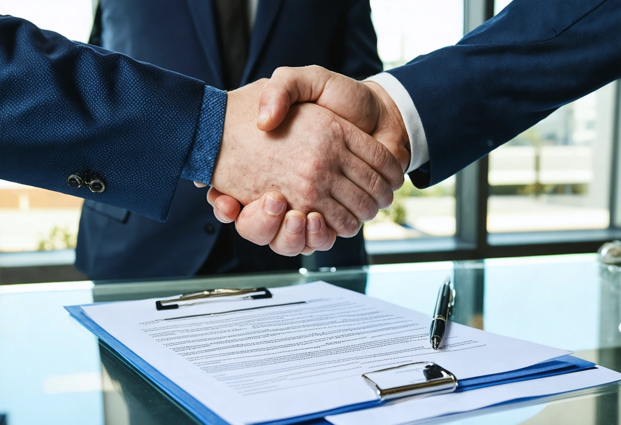 Property manager shaking hands with a restoration expert in a modern office, agreement papers on