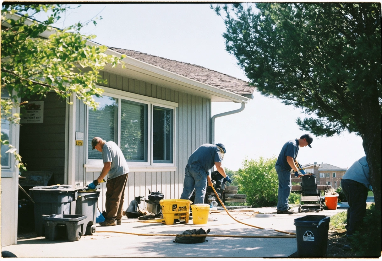 Vacation rental property being maintained by a team, workers cleaning and repairing, exterior view, sunny