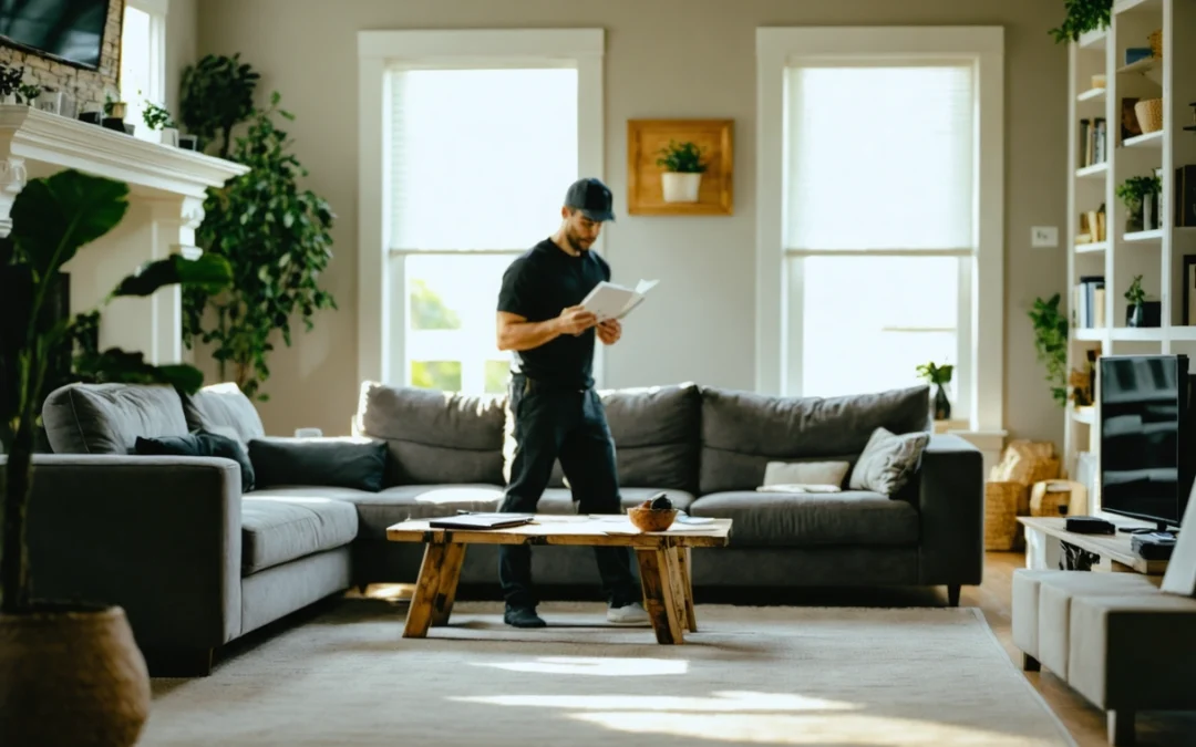 Professionals planning restoration in a well-furnished vacation rental living room, natural light streaming in.