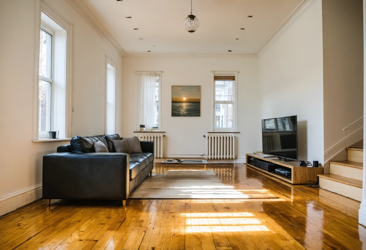 A beautifully restored rental property living room, featuring polished floors and modern decor, sunlight enhancing