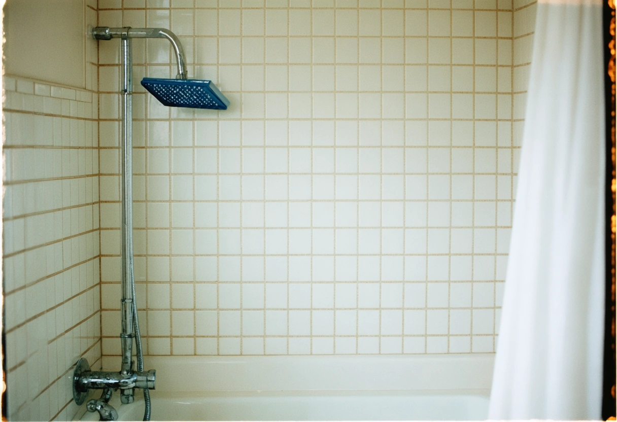 A clean, restored shower with a squeegee hanging nearby. The tiles are shiny, and the