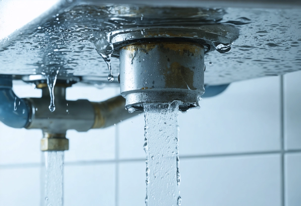 A close-up of a leaking pipe under a sink, with water droplets falling, highlighting the