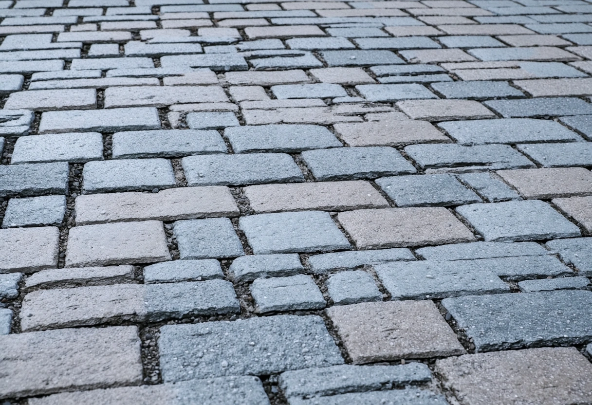 A close-up of a paver with uneven sealant application, showing cloudy finish. Overcast lighting, emphasizing