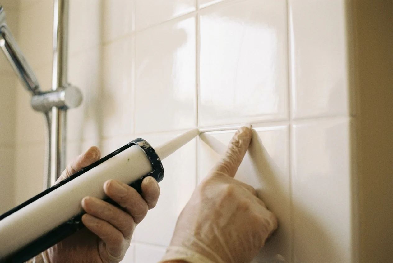 A hand applying fresh caulking to a shower seam. The focus is on the precise