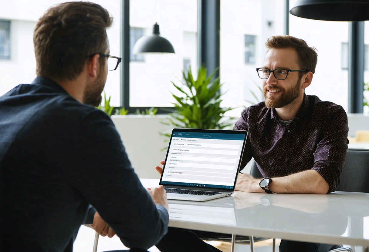 A landlord and tenant discussing feedback, sitting in a modern office with a laptop open