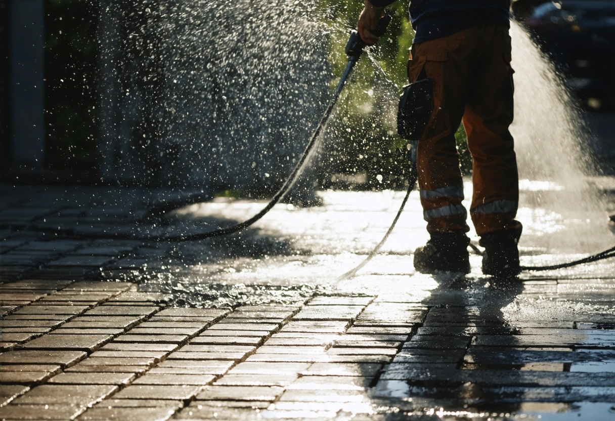 A person pressure washing pavers in preparation for sealing, with water spray and clean surface