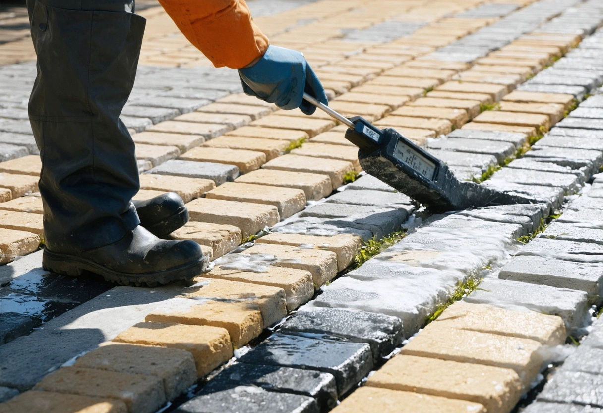 A person sealing pavers on a sunny day, with a thermometer showing ideal temperature. Clear