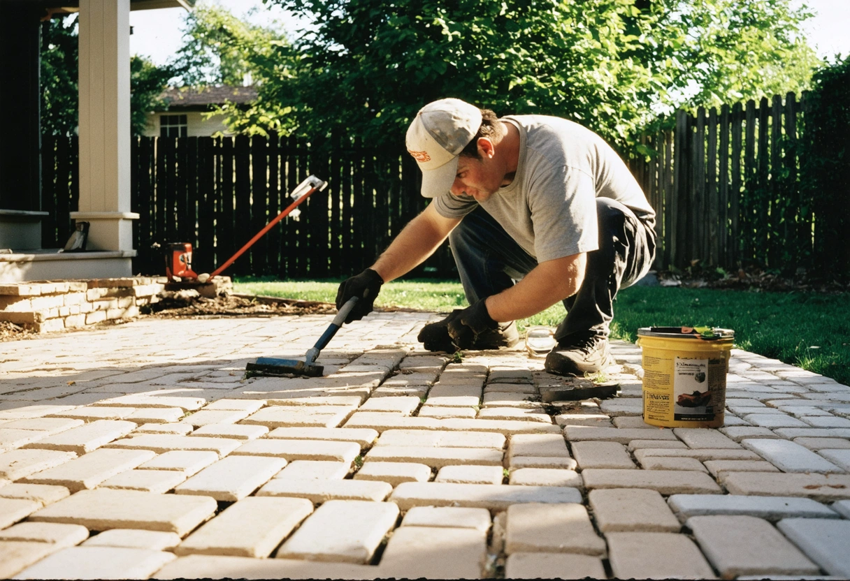 A professional applying sealant to pavers in a backyard setting, with tools and materials visible.