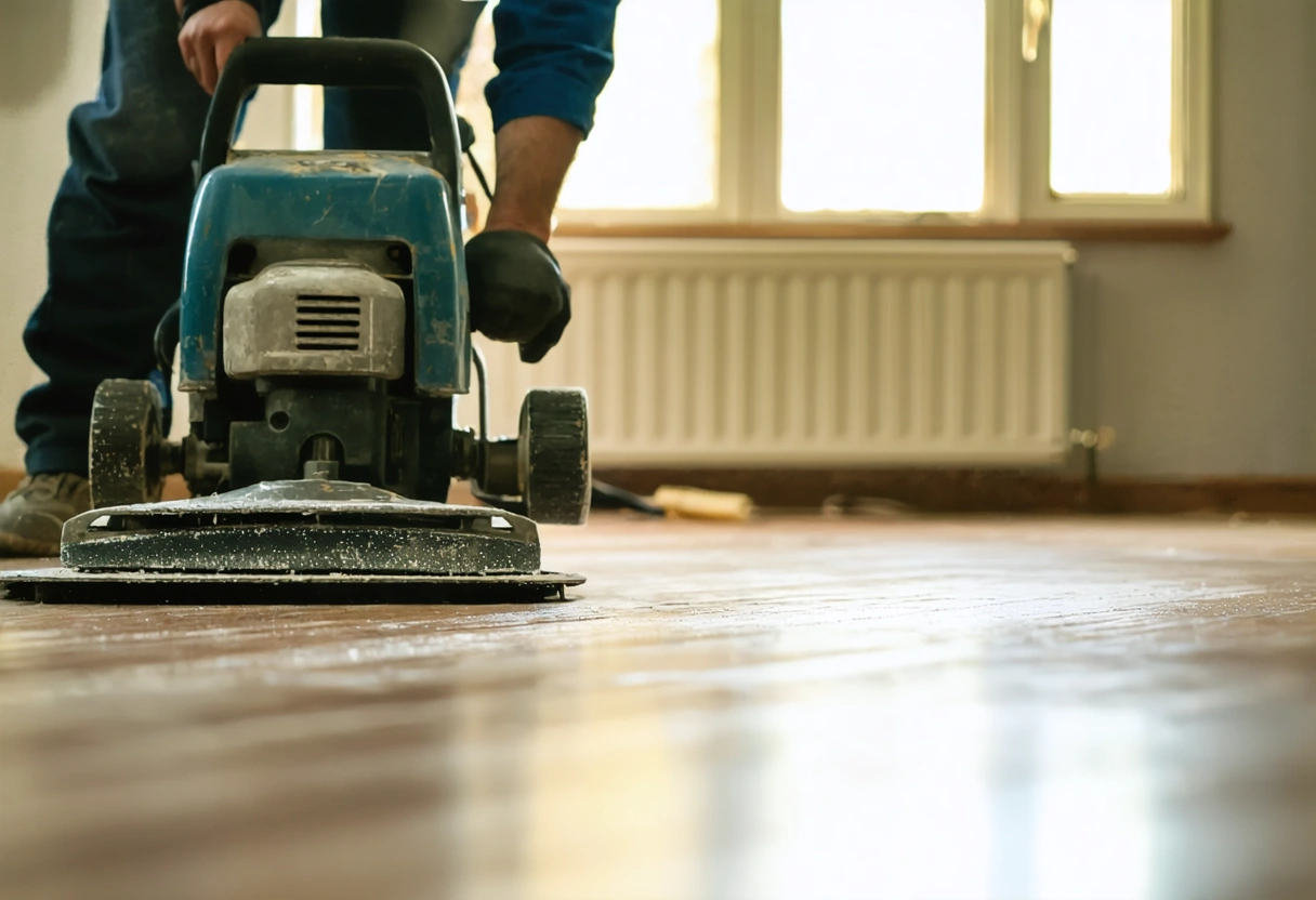 A professional floor restoration scene in progress, showing a worker using a sanding machine on