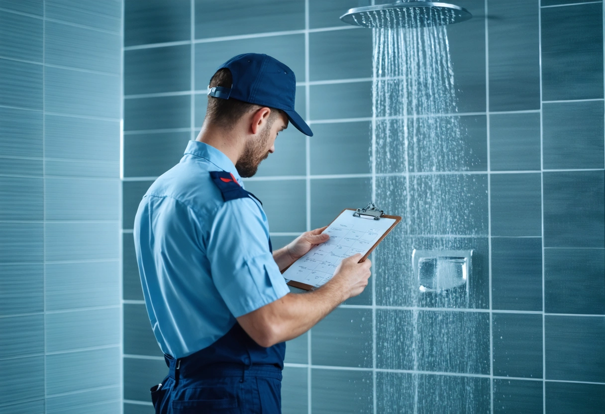 A professional in uniform inspecting a shower with a clipboard. The shower shows signs of