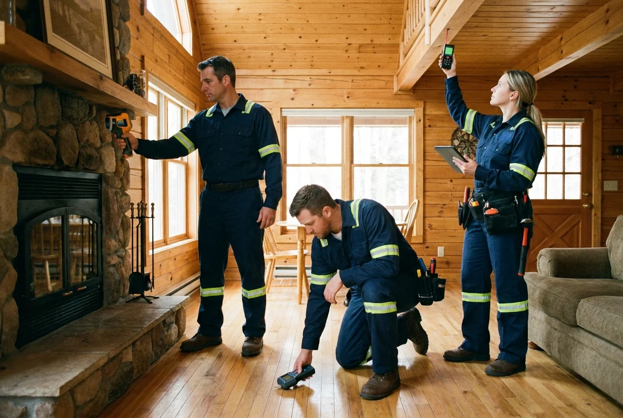 A professional restoration team inspecting a vacation rental, using advanced tools, showcasing expertise and efficiency