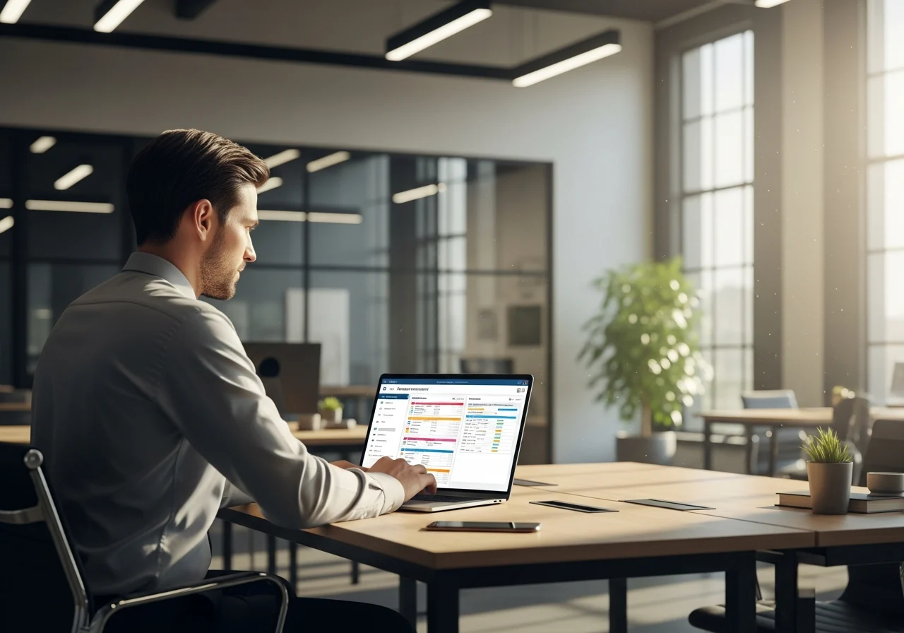 A property manager using a laptop with maintenance software, digital checklists visible on the screen,