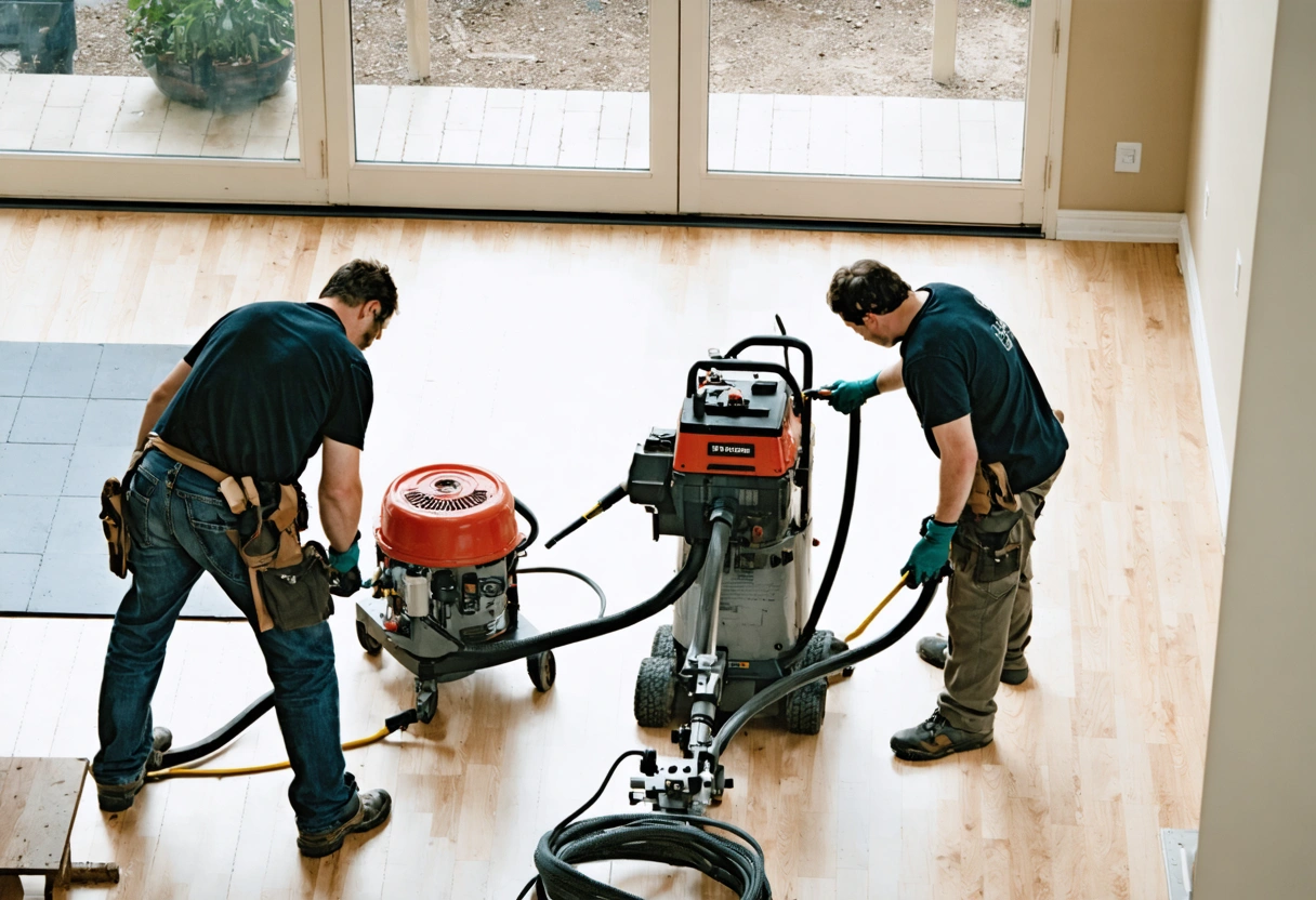 A team of professionals using advanced equipment for floor restoration in a spacious living room,