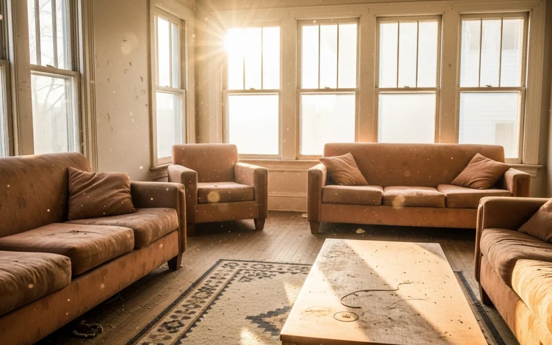 Sunlit living room with large windows and worn furniture