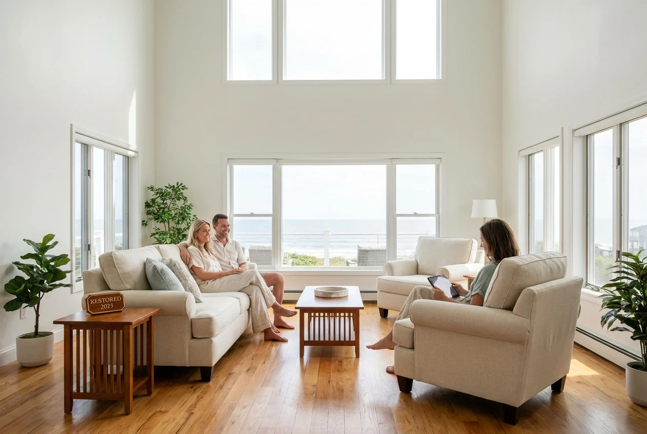 A well-maintained vacation rental with pristine interiors, bright lighting, and satisfied guests, illustrating the strategic