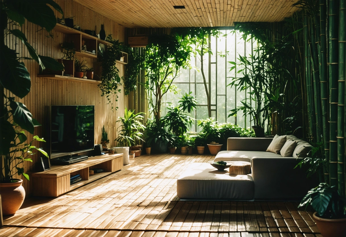 An eco-friendly apartment with bamboo flooring, sunlight highlighting its natural texture, surrounded by green plants