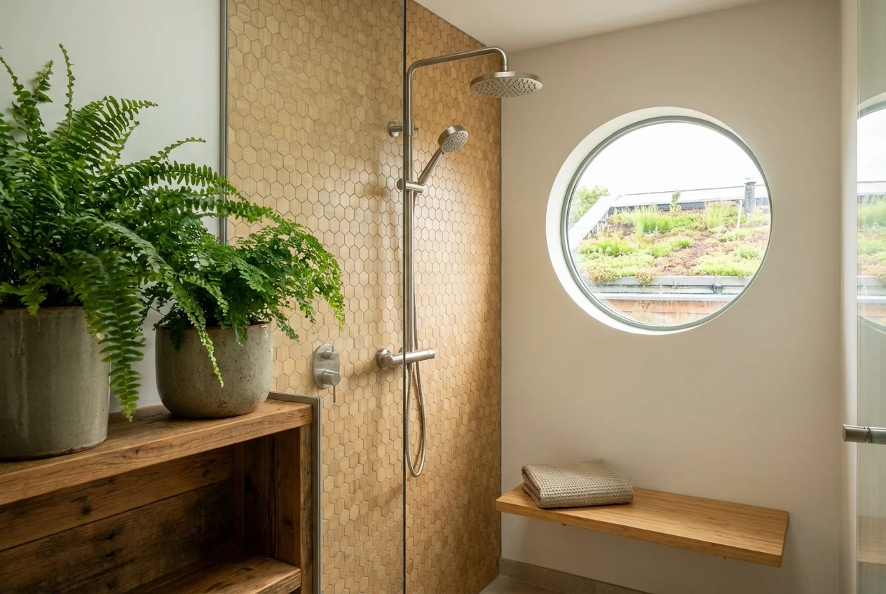 An eco-friendly shower with bamboo tiles and a low-flow showerhead. The setting is modern and