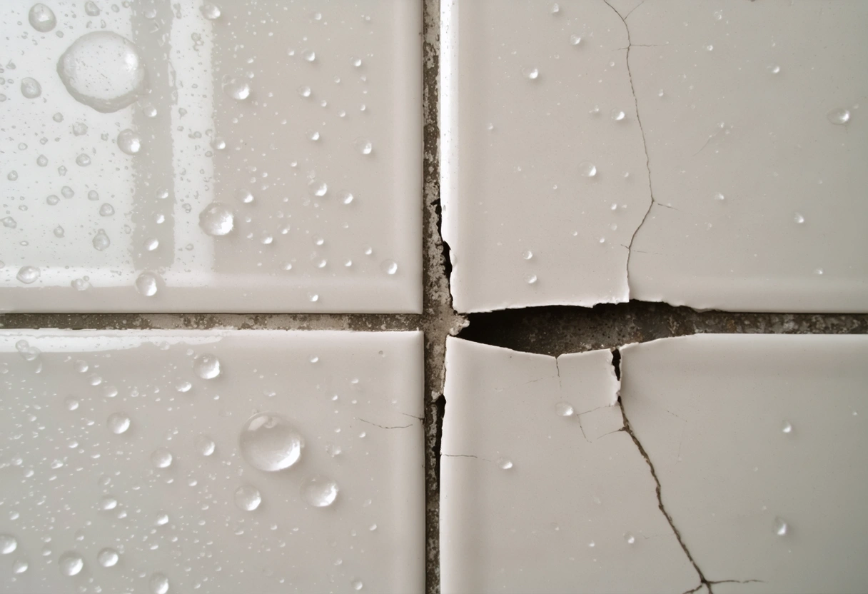 Close-up of a cracked shower tile with water droplets seeping through. The grout is visibly