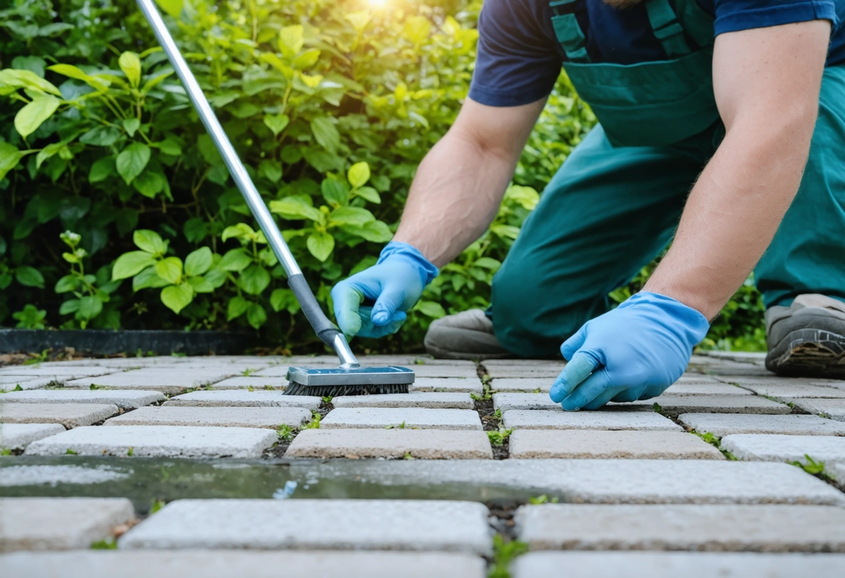Eco-friendly sealant being applied to pavers, with green foliage in the background. Soft afternoon light,