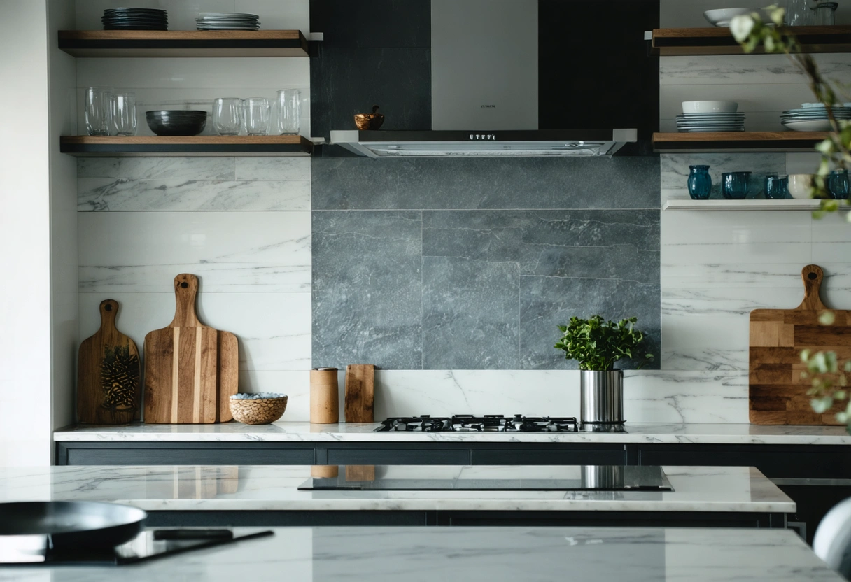 Homeowner and designer examining bold backsplash feature in stylish kitchen