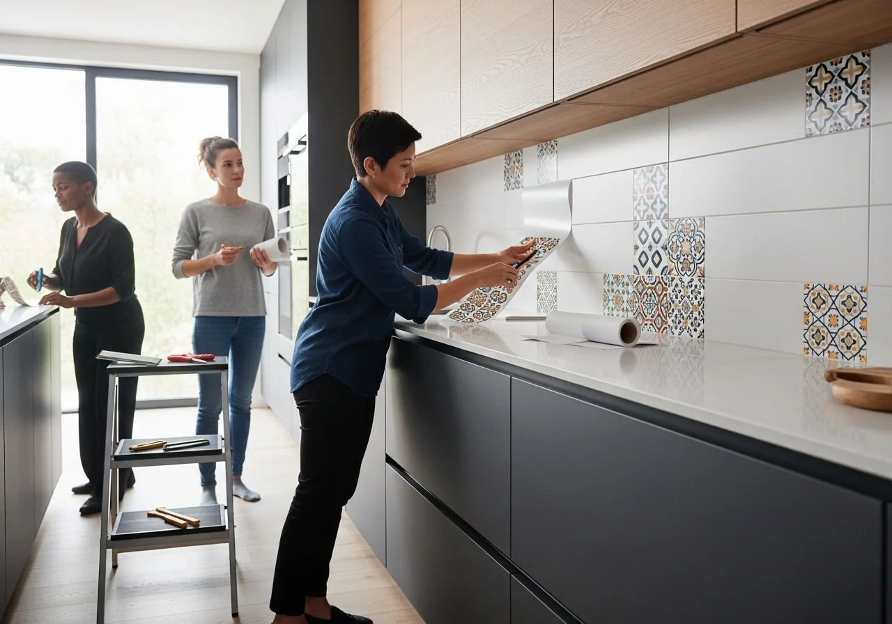 Homeowner and designer applying decorative tile decals in modern kitchen