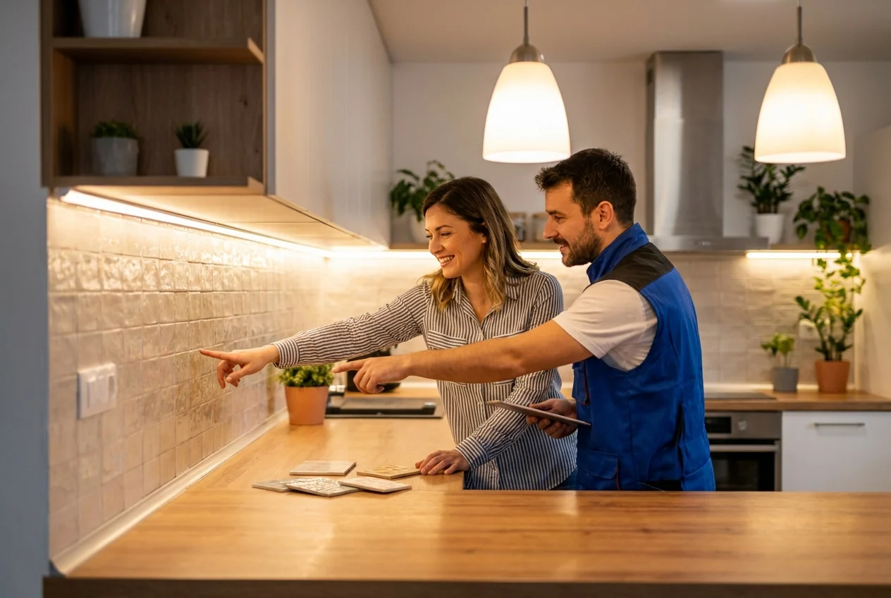 Homeowner and installer discussing backsplash texture under layered lighting