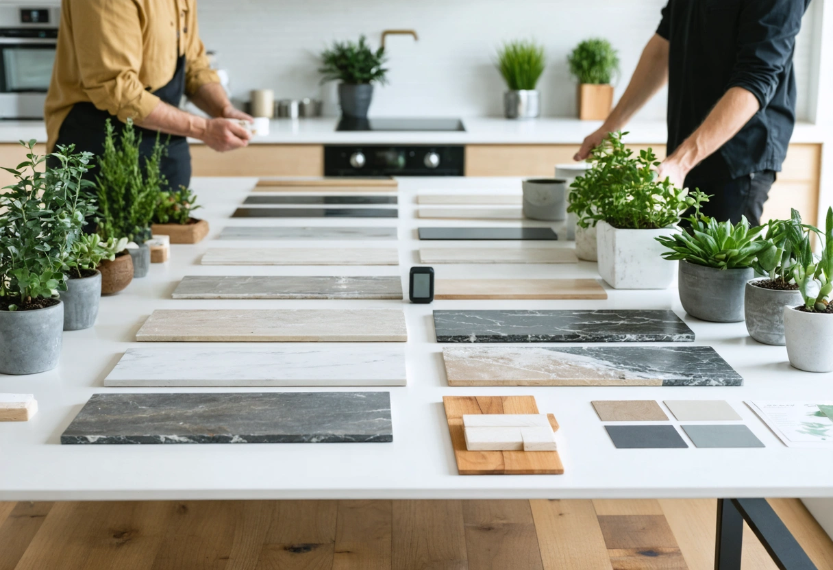 Team reviewing backsplash material samples and lighting effects in kitchen