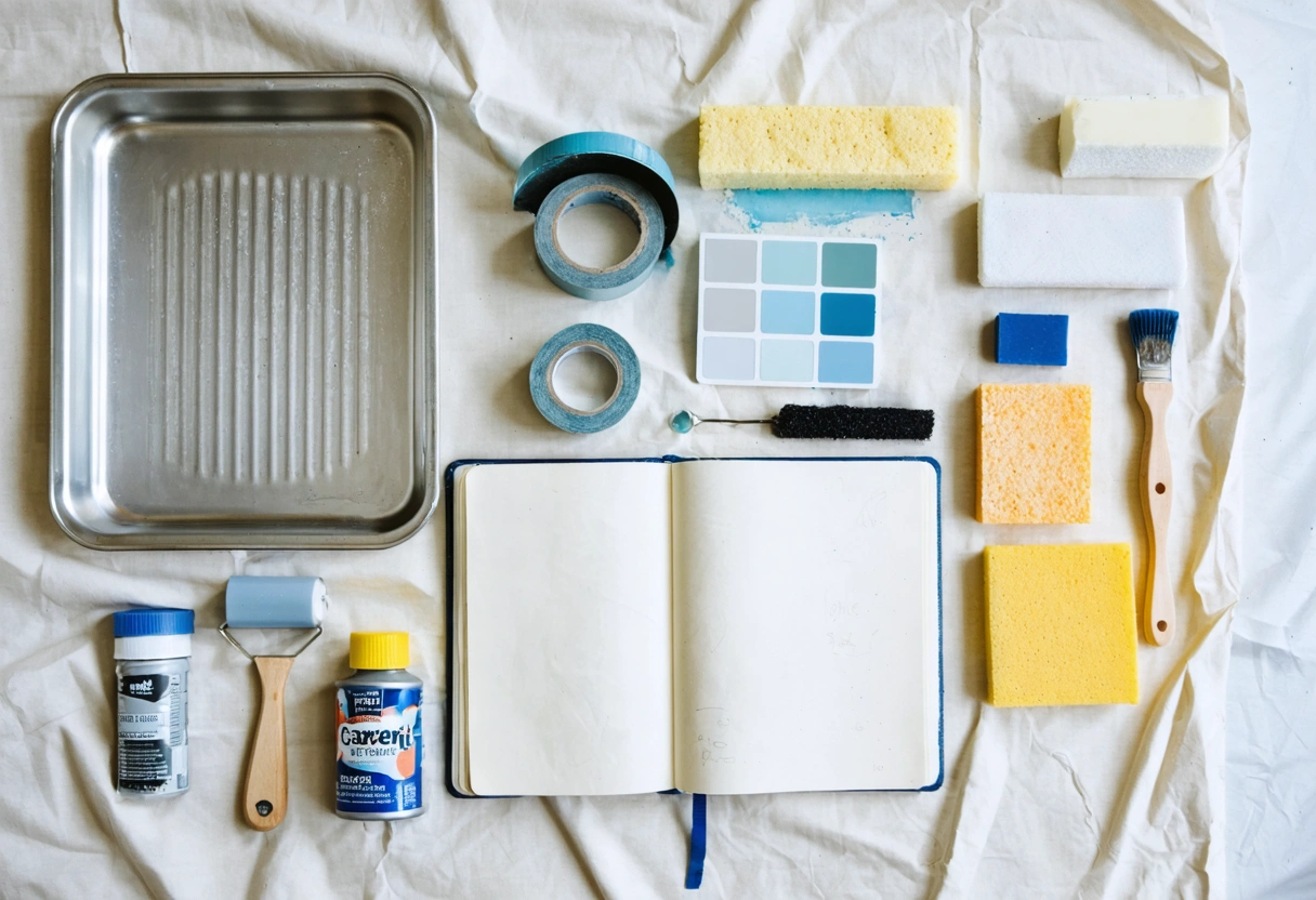 Organized DIY backsplash painting workspace with tools and materials on drop cloth