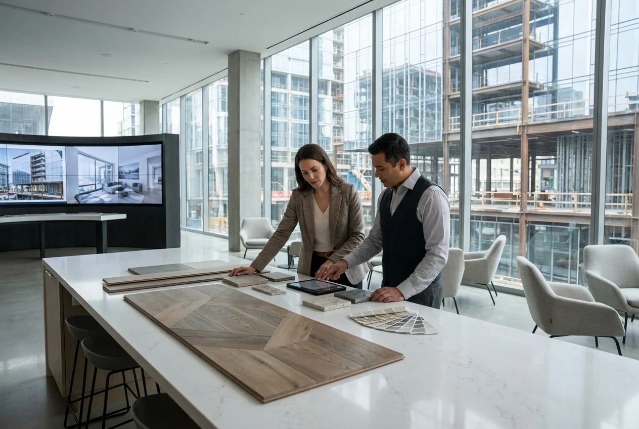 Designer and specialist comparing custom flooring options in studio.