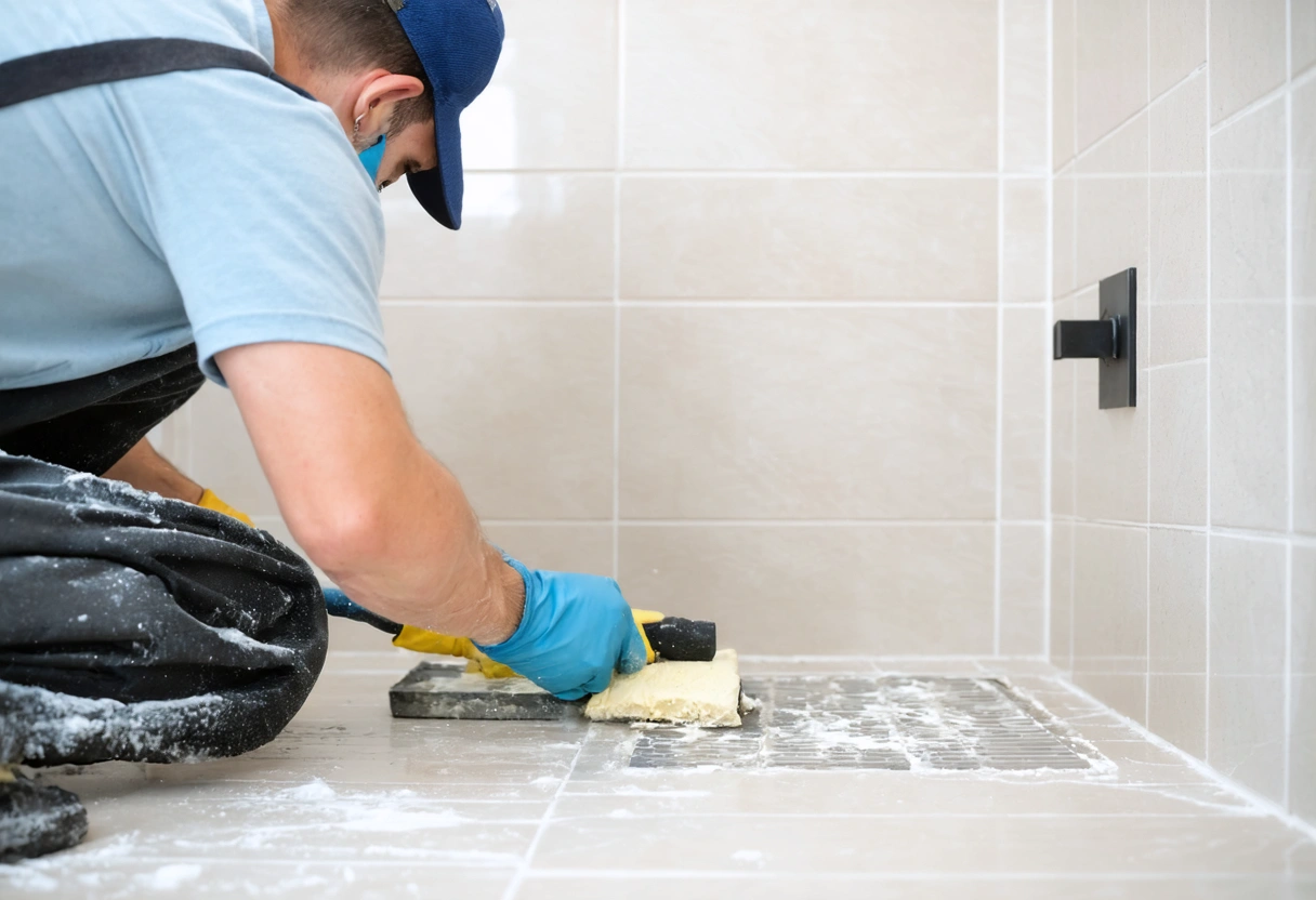 Technician applying grout sealer in a modern bathroom.