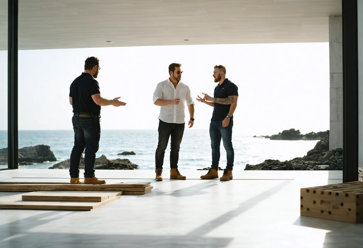 Professionals discussing new floor in bright coastal property interior.