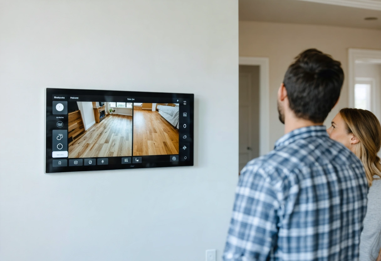 Technician and homeowner viewing floor control panel in smart home.
