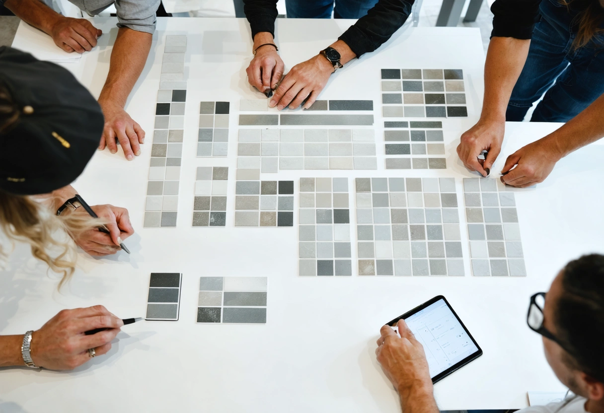 Team reviewing grout swatches and tile samples in a showroom.