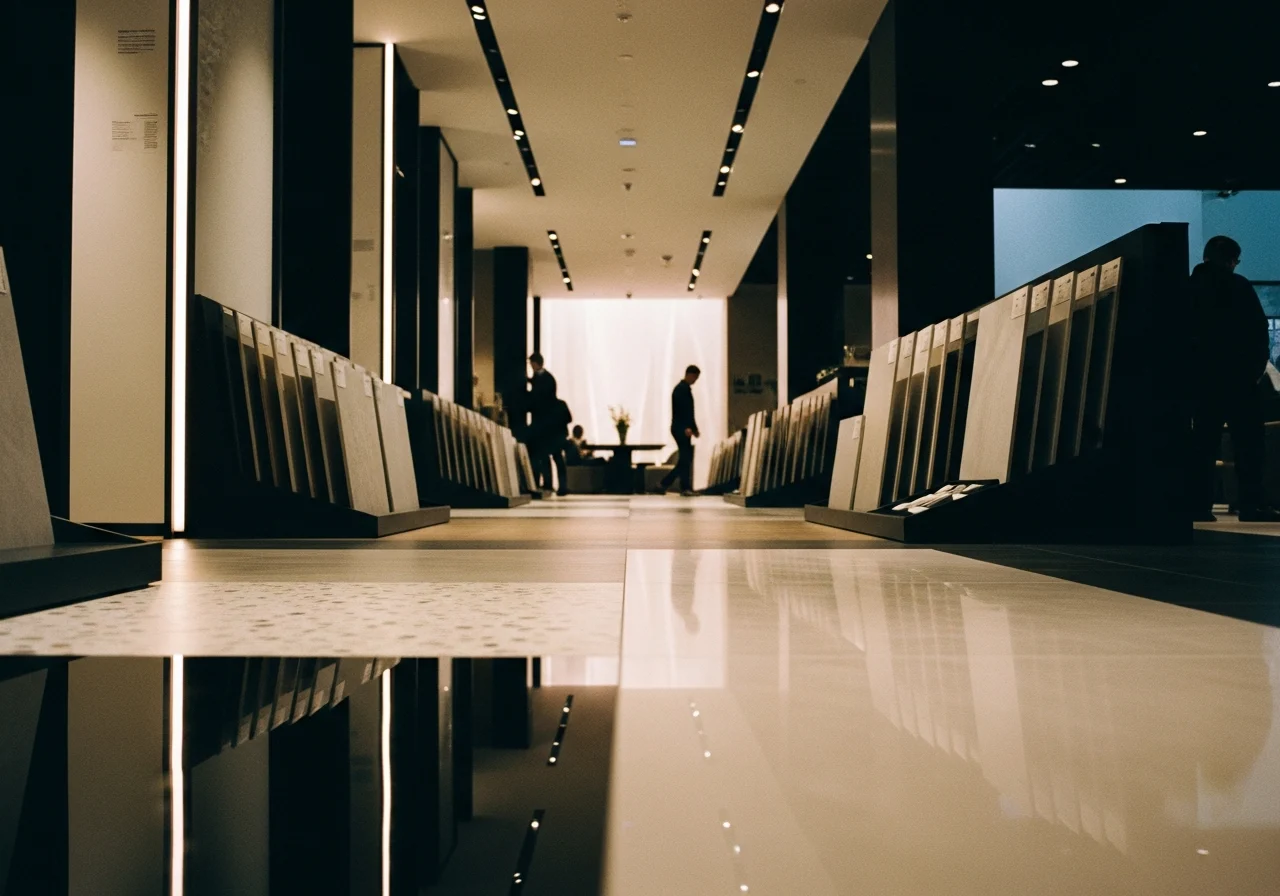 Contemporary showroom with tile floor samples and light reflections.