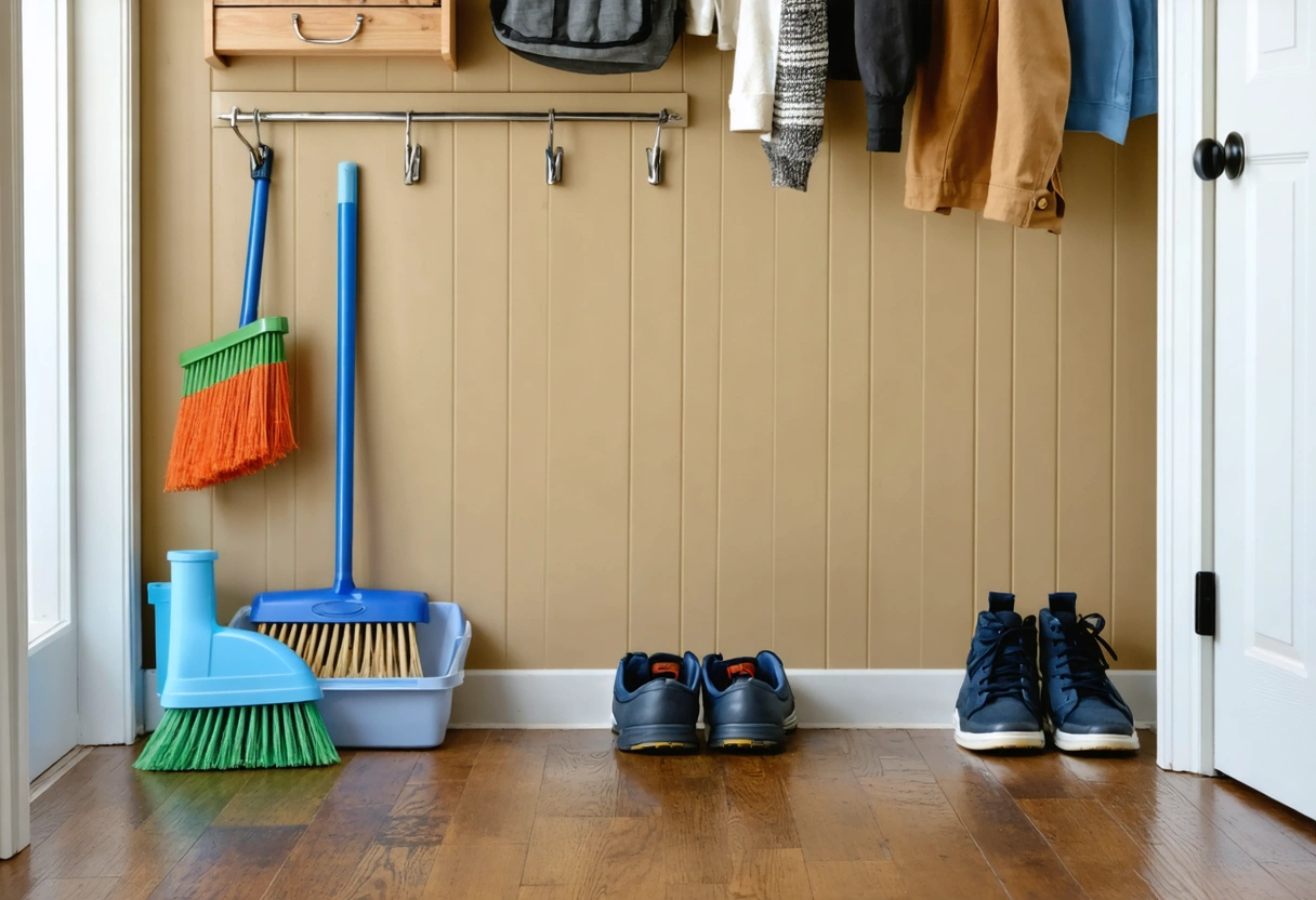 Laminate flooring in a mudroom with everyday items.
