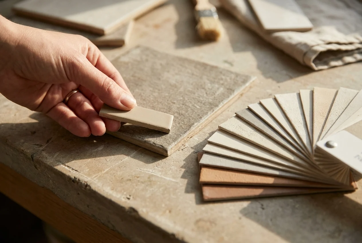 Grout samples and tile offcuts compared in natural light.