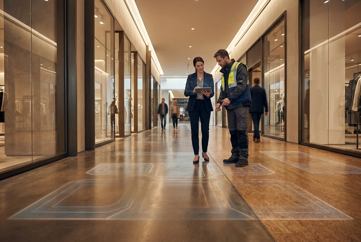 Smart flooring technology in a modern retail corridor.